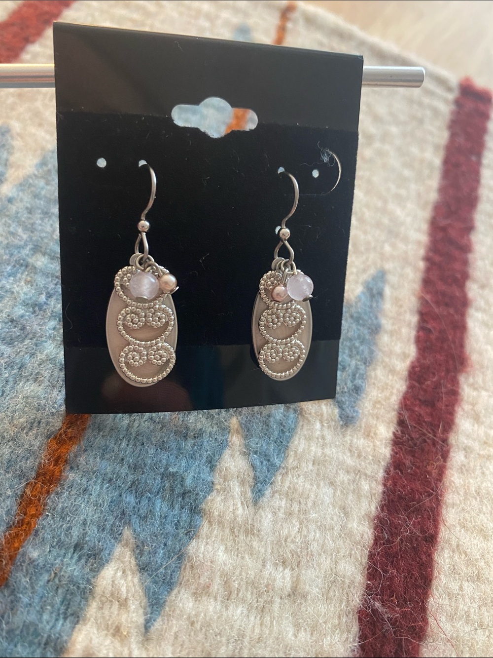 Pale Pink Oval Stone and Silver Tone Dangle Drop Earrings